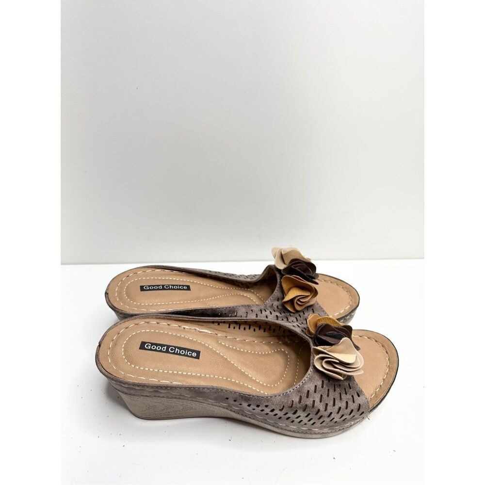 Good Choice Gray Laser Cut Floral Wedge Sandals Peep Toe Slides Size 8 View 4